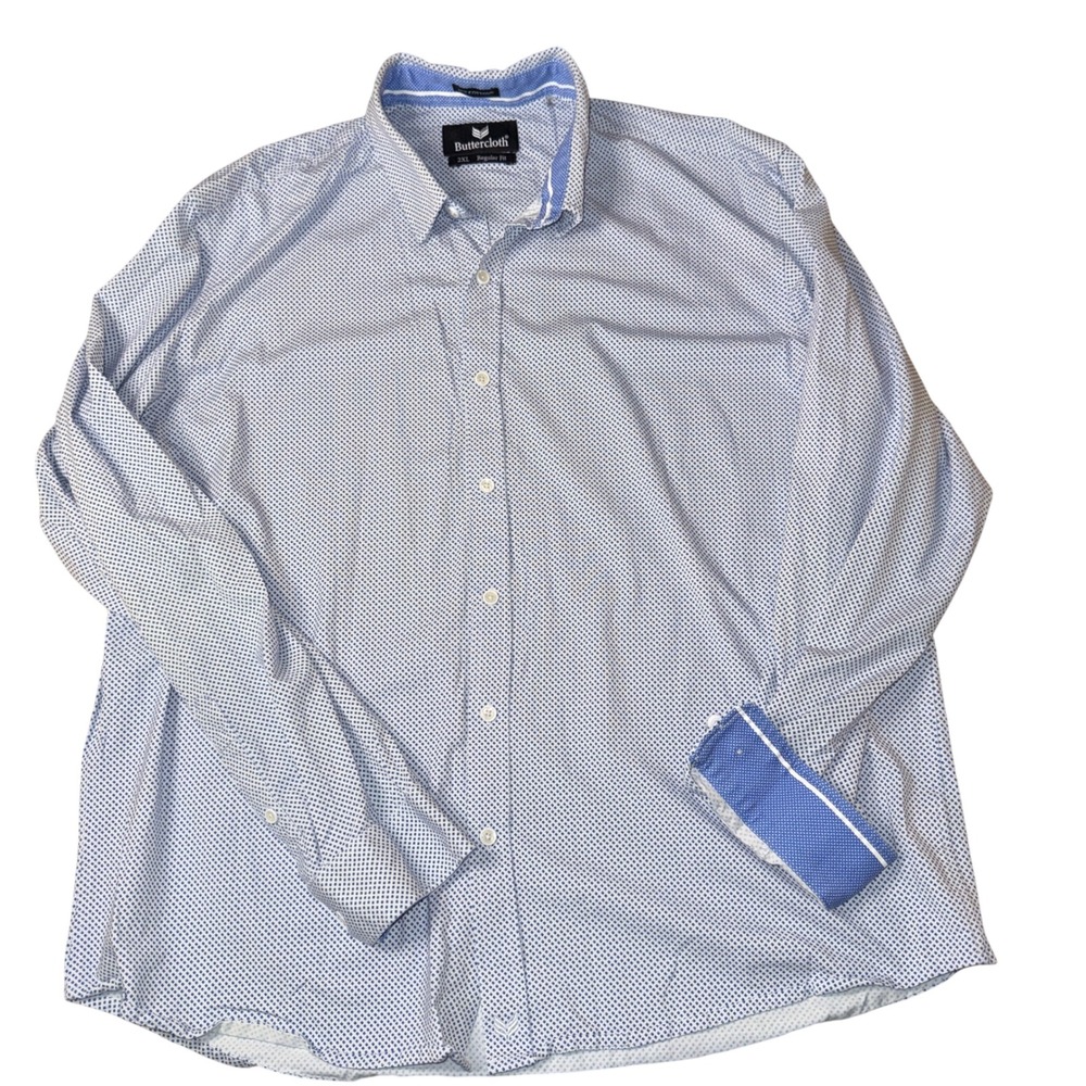 Buttercloth Icy Cotton Mens 2XL Regular Fit Blue White Button Down Shirt stretch